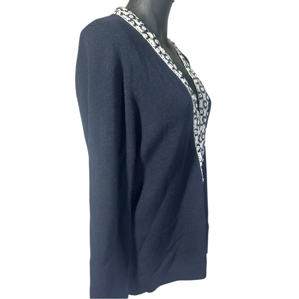 Tory Burch Merino Wool Printed Cardigan Sweater Large Navy Blue Sequins V-Neck - Picture 5 of 13